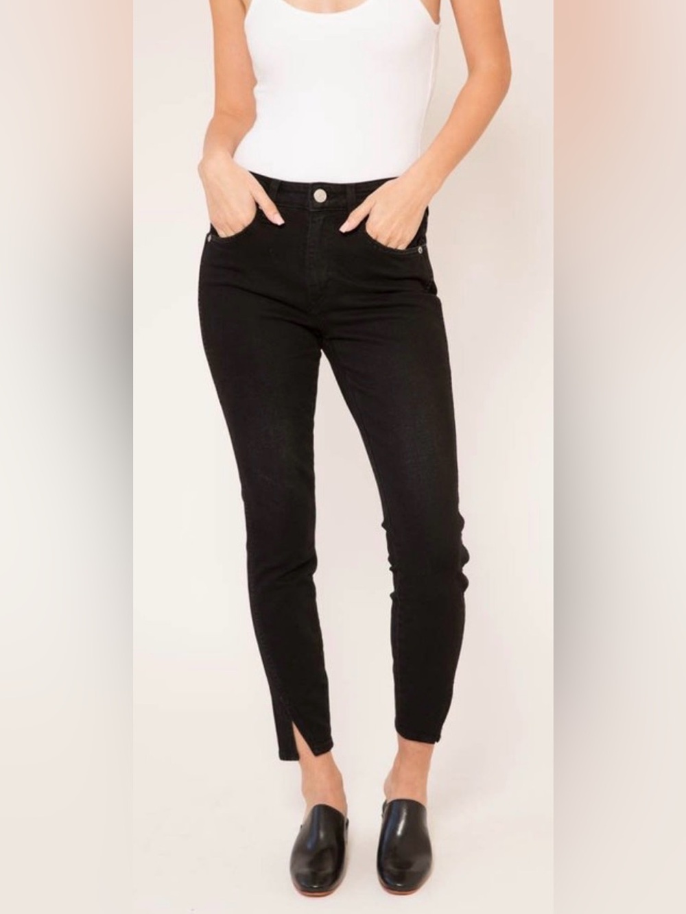 AMO Denim High Rise Twist in Black Magic‎ Sz 28 Preppy Jeans Capsule Chic Europe